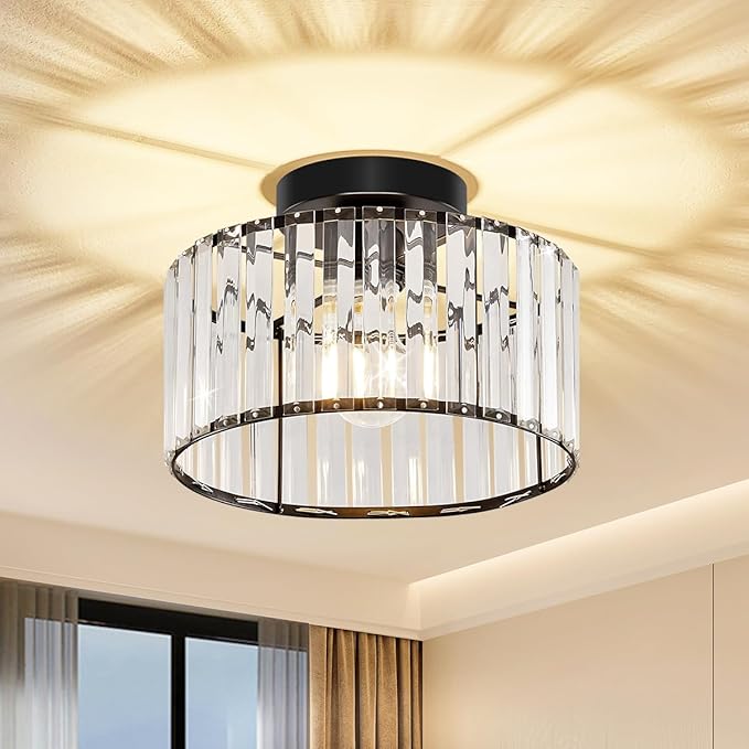 Modern Ceiling Light, Crystal Hallway Semi Flush Mount Ceiling Lighting Fixture, Black Metal Close to Ceiling Lamp for Bathroom Entryway Bedroom Porch Kitchen Living Room
