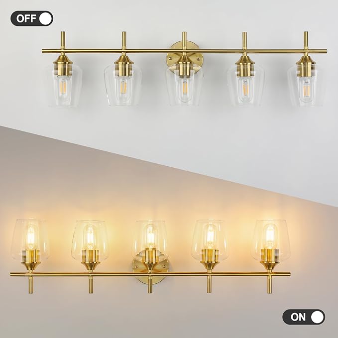 Bathroom Light Fixtures 5-Light Brushed Nickel Vanity Light with Clear Glass Shade, Modern Wall Lights for Bedroom Hallway Living Room (Gold, 5-Light)