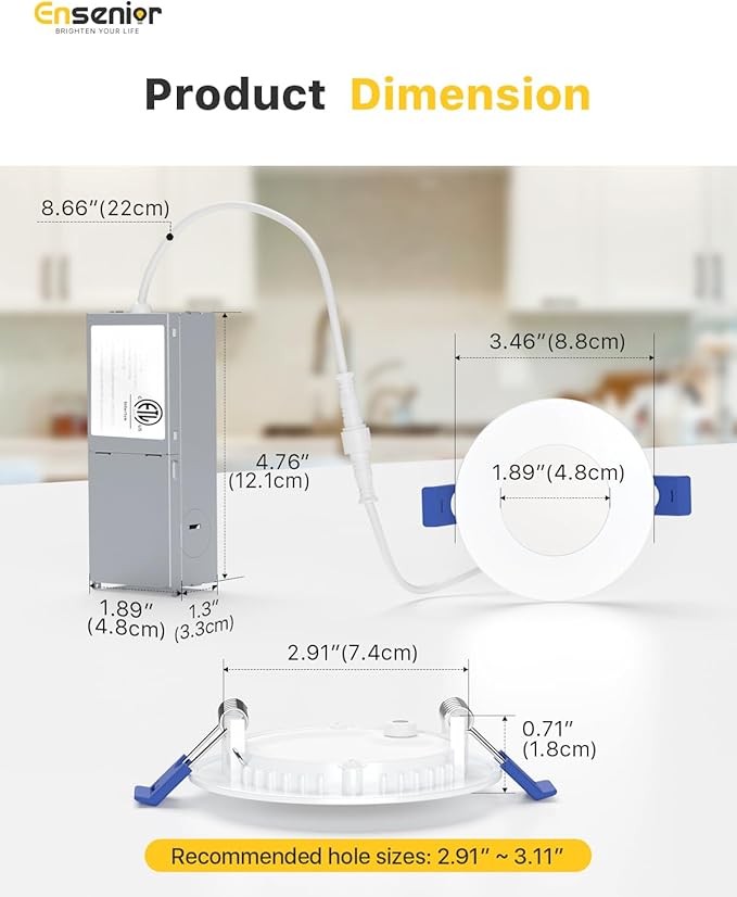 Ensenior 24 Pack 3 Inch LED Recessed Ceiling Light, Dimmable, 2700K-5000K 5CCT, 500LM 6W 120V, High Brightness Dimmable Canless Wafer Downlight - ETL&FCC&IC