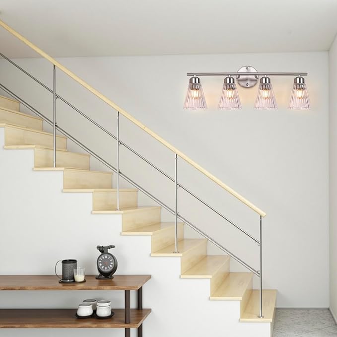 4-Light Bathroom Vanity Light, Brushed Nickel Bathroom Light Fixtures Over Mirror with Stripe Glass, Modern Wall Lamp, Wall Sconces Lighting for Living Room Bedroom Kitchen Hallway