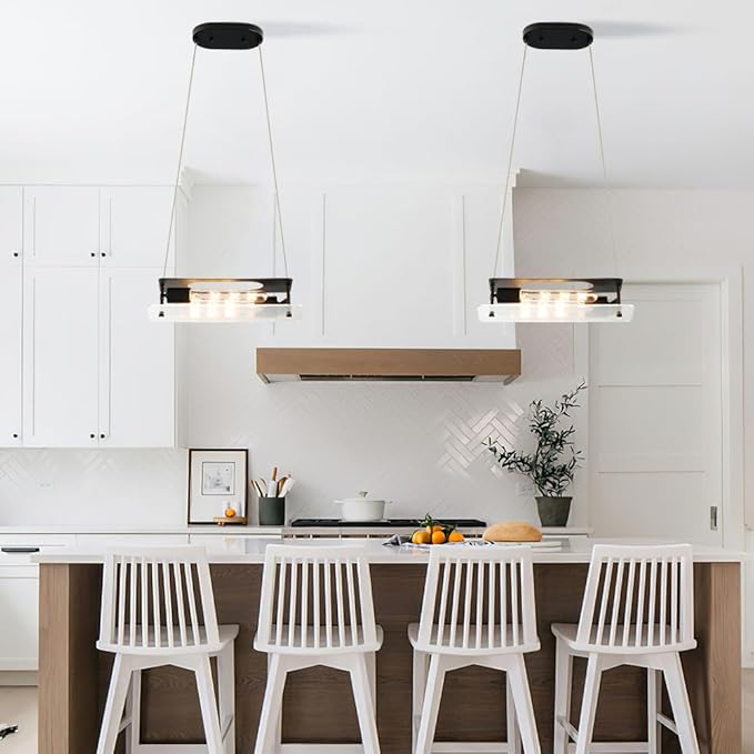 Black Linear Pendant Light, Adjustable Height Modern Chandelier with Glass Shade, Industrial Hanging Lighting Fixture for Kitchen Island, Dining Room, Cafe, Bar, Sink