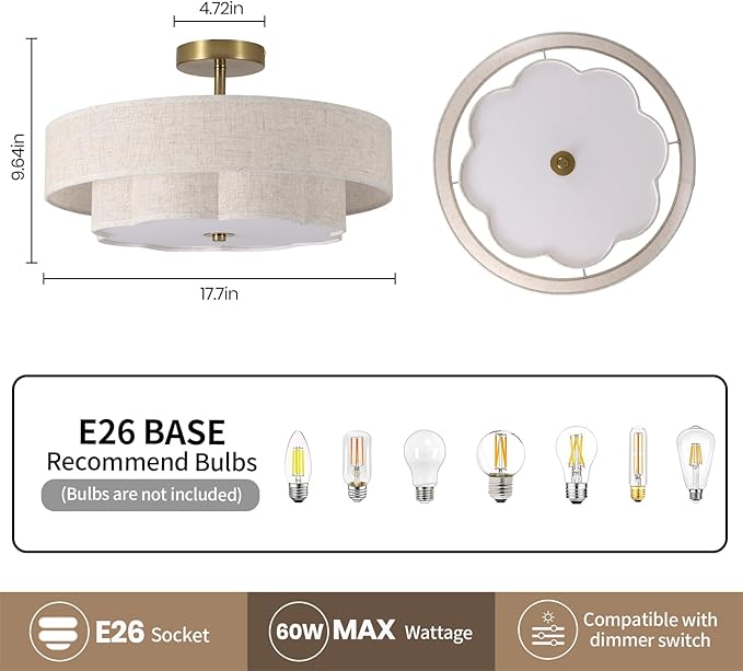 3-Light Drum Semi Flush Mount Ceiling Light, 17.7" Modern White Drum Ceiling Lighting Fixture,Vintage 2-Layer Linen Ceiling Lamp for Dining Room,Kitchen, Basement, Bedroom, Laundry Room
