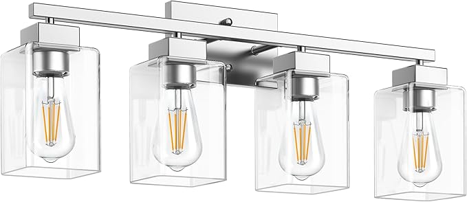 PARTPHONER 4-Light Bathroom Light Fixtures, Brushed Nickel Modern Vanity Lights, Bathroom Lighting Fixtures Over Mirror, Square Design Farmhouse Wall Sconces with Clear Glass Shades