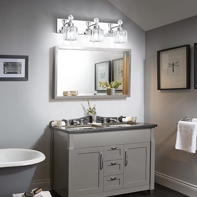 PRESDE 3-Light Crystal Bathroom Vanity Light, Chrom ModernBathroom Lights Fixtures Over Mirror Wall Lamp for Bathroom Bedroom Hallway