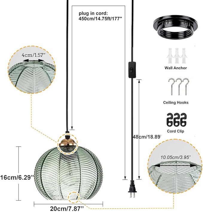 Green Glass Plug in Pendant Light 7.9" Glass Globe Shade Vintage Boho Mid Century Style Plug in Swag Ceiling Light for Bedroom Living Room Cabinets Bathroom