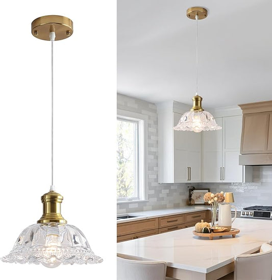 Gold Pendant Light, Vintage Pendant Light Fixture with Clear Glass Shade, Champagne Bronze Pendant Lighting for Kitchen Island, Dining Room, Bedroom, Living Room, Entryway, Hallway