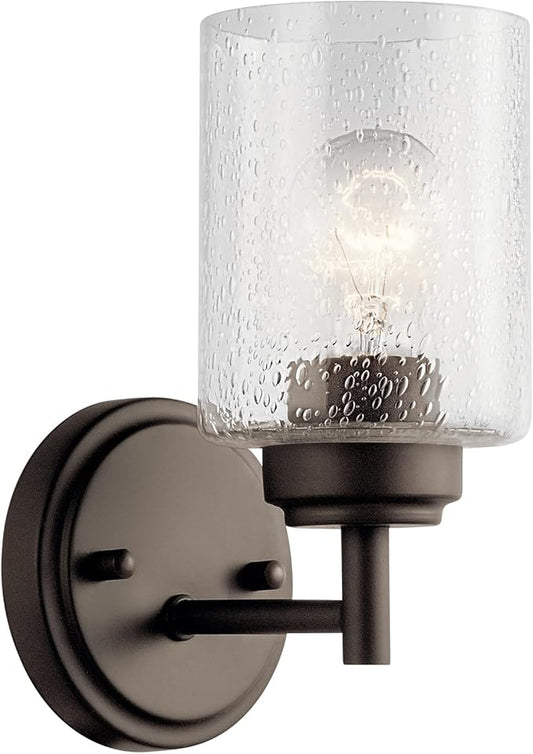 Kichler Winslow 9.25" 1-Light Wall Sconce with Clear Seeded Glass in Olde Bronze for Bathroom Vanity, Kitchen, Living Room, Dining Room, Bedroom, Mudroom, Hallway, Stairwell, 45910OZ
