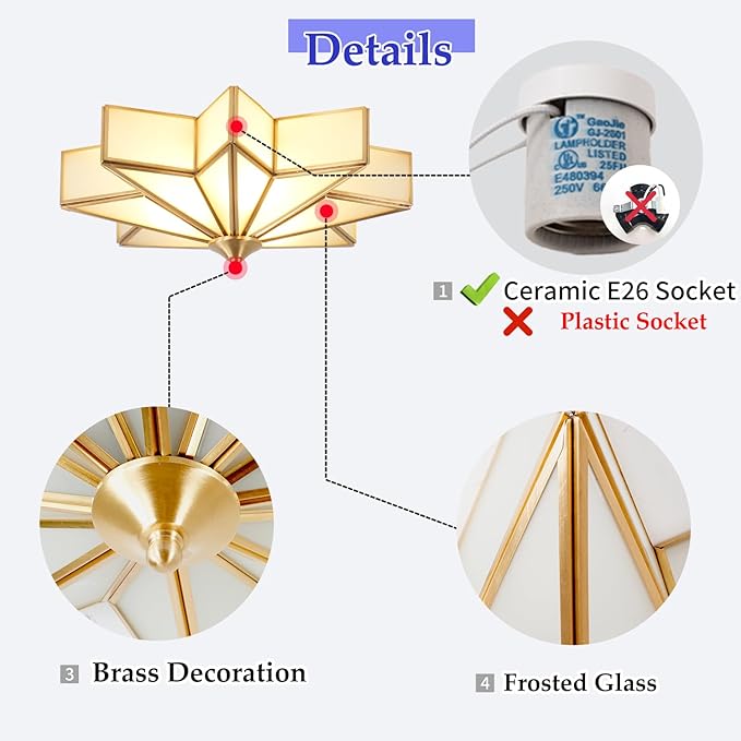Brass Flush Mount Ceiling Light with Ceramic Light Socket, Star Shaped Ceiling Light Fixture, Mid Century Glass Ceiling Mount Lamp for Entryway, Hallway, Nursery (15.7")