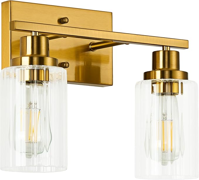Jonsi Gold Bathroom Light Fixtures, 2 Light Brushed Gold Vanity Lights With Fluted Glass Shade, Modern Lights Over Mirror, Vanity Lighting Fixtures