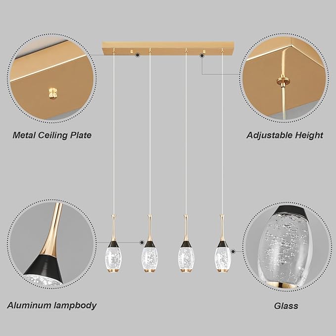 Modern Black Gold Pendant Light Dimmable LED Ceiling Light Fixtures Mini Teardrop Crystal Pendant Lighting for Kitchen Island Bedroom Hallway Entryway (4 Light，Champagne Gold)