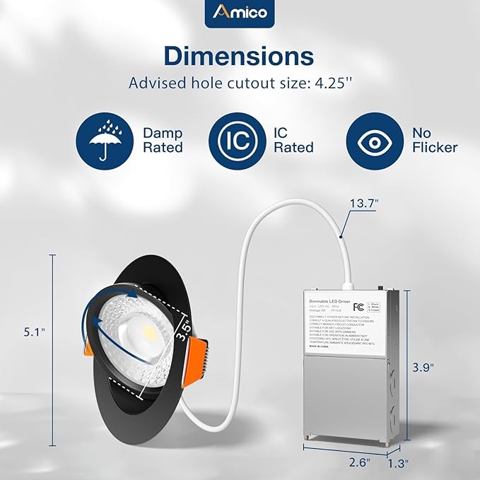 Amico 12 Pack 4 Inch 5CCT Gimbal LED Recessed Lighting, 360°&90°Adjustable Eyeball Directional Downlight, Dimmable, 2700K/3000K/3500K/4000K/5000K Selectable, 9W 700LM CRI90+, Black, ETL&FCC