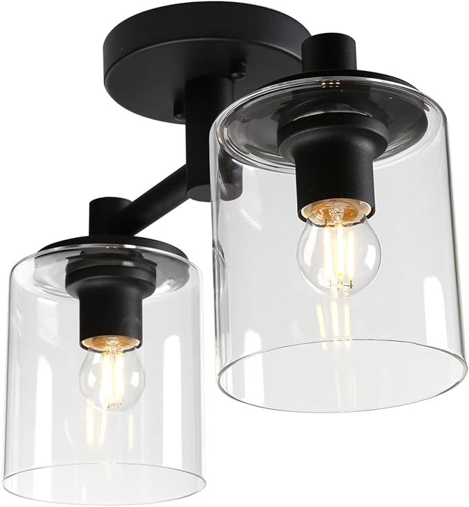 Pathson 2-Light Semi Flush Mount Ceiling Light, Industrial Pendant Lighting Fixture with Glass Shade, Ceiling Chandelier Lamp for Hallway Loft Kitchen Bar