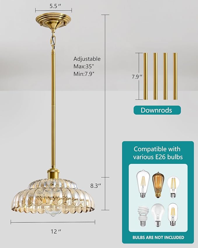 Elegant Amber Glass Pendant Lamp with Gold Base, Modern Chic Lighting Fixture for Living Room, Bedroom, and Office