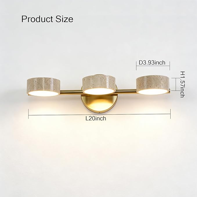 LED Mirror Light with 3 Travertine Stone Shades, Bathroom Vanity Wall Sconce, 360° Rotatable Stone Lampshades, Modern Rustic Wall Lamp for Bedroom, Living Room, Hallway (Gold-Metal)