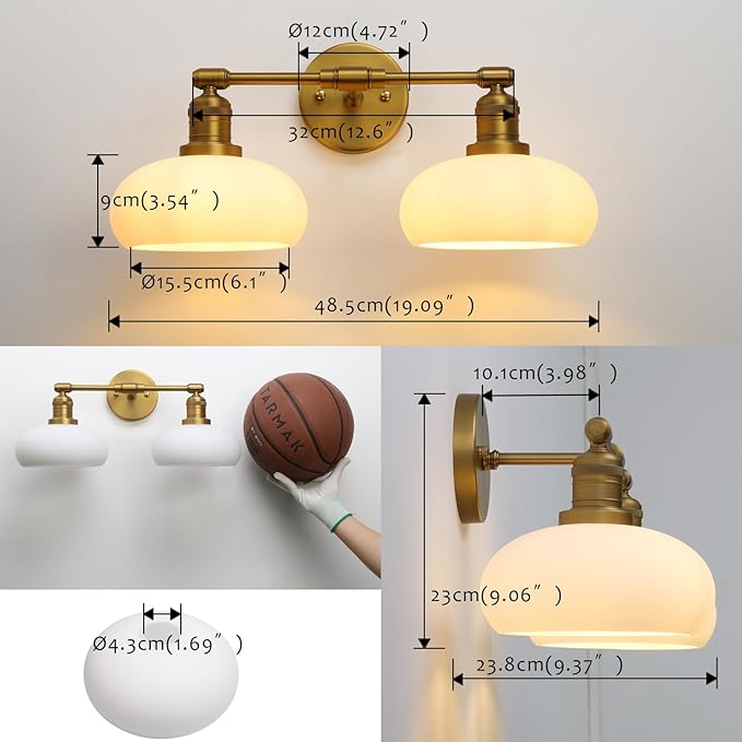 Pathson 2-Lights Milky Glass Wall Sconce, Hardwired Double Head Bathroom Sconces, Vintage Wall Lamps for Vanity Mirror, Living Room, Bedroom, Farmhouse Lighting