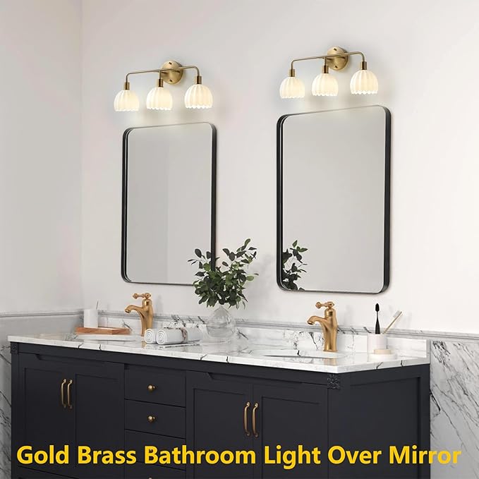 Brushed Gold 3-Light Vanlity Light Over Mirror,Wall Sconces,Gold Brass Bathroom Light Fixture with White Glass Flower Shade,E26 Socket(Bulbs Not Included)