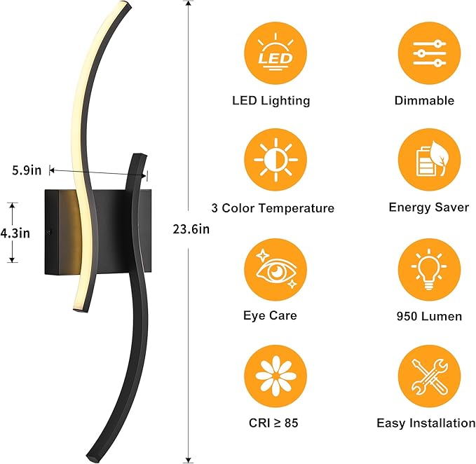 KARTOOSH 2 Pack Black Light Fixture Hardwired Bathroom Vanity Lights Fixtures Over Mirror 23.6 Inch 3CCT Dimmable Modern Wall Lights for Mirror Kitchen Living Room Cabinet Porch Hallway