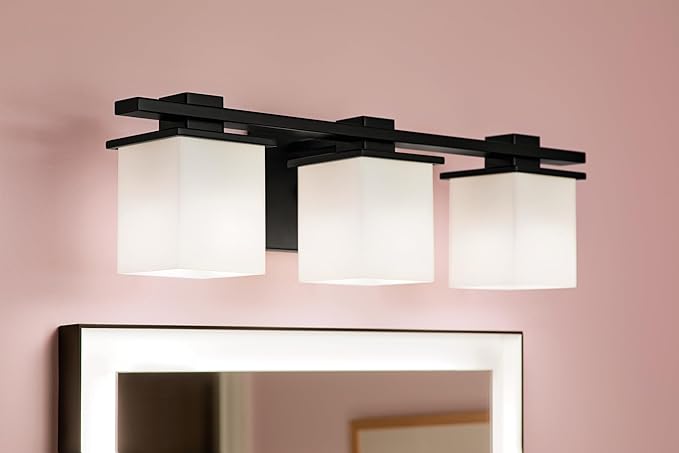 Kichler Tully 24" 3-Light Bathroom Vanity Light Fixture with Satin Etched Cased Opal Glass in Black for Over Mirror, Soft Modern Style (24" x 6.5" x 7"), 45151BK