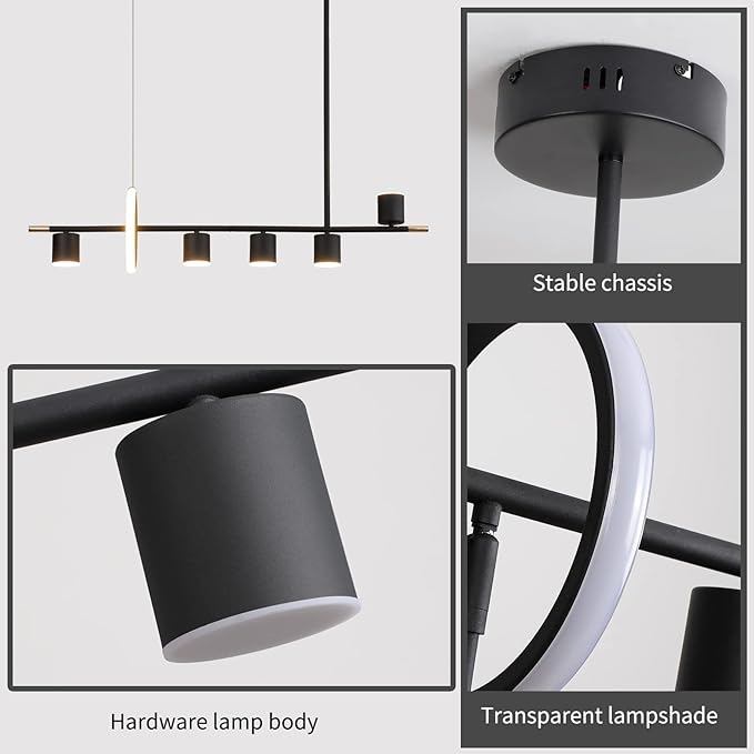 Siittoo Modern Black Pendant Light, LED Dimmable Hanging Pendant Light Fixture with Spotlights, 40'' Modern LED Chandelier Kitchen Island Light for Table Dining Room Bar (40W, 6-Light, Matte Black)