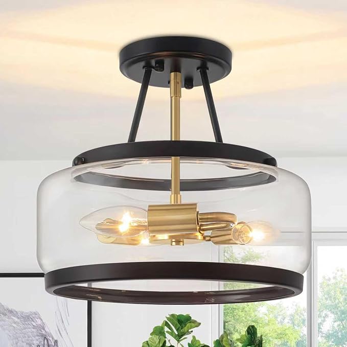 11.81" Black and Brushed Gold Close to Ceiling Light Fixtures, 3-Light Modern Drum Light Fixture, Hallway Ceiling Light, Glass Ceiling Lamp for Entryway Bedroom Laundry Room Dining Room Kitchen Lights