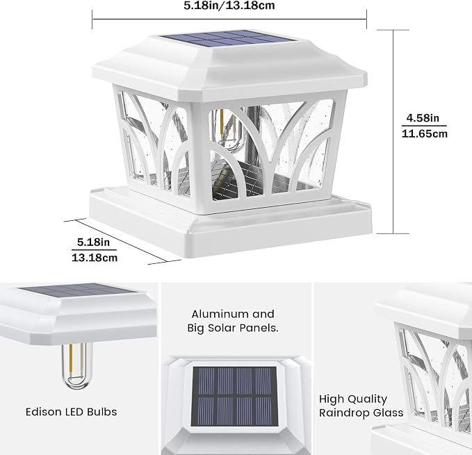 SIEDiNLAR Solar Post Cap Lights Outdoor, Aluminum Glass 2 Modes 20 Lumens Edison LED Bulbs for 4x4 5x5 6x6 Vinyl/Wooden Posts Deck Fence Patio Decor, Warm White/Cool White Lighting 1 Pack (White)