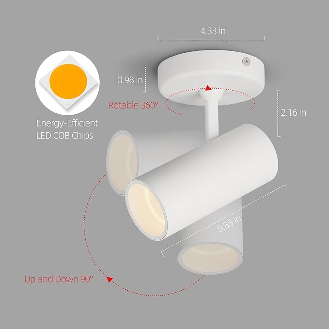Aisilan LED Modern Directional Dimmable Spotlight Adjustable 90 Degrees Anti Glare Ceiling Spot Light for Indoor Foyer Living Room Warm White White 9W CREE COB CRI 97
