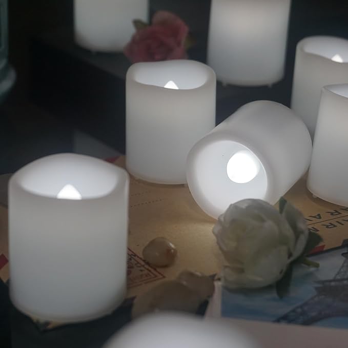 12 Pack Flameless Votive Candles Flickering Electric Fake Candles LED Battery Operated Tea Lights for Home Wedding Decor Party Table Halloween Christmas Decorations, White Glow