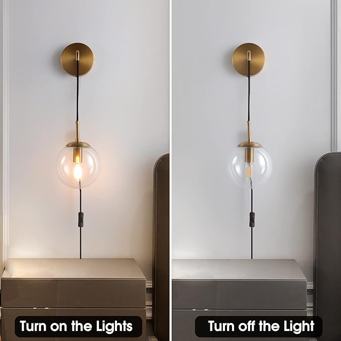 KUZZULL Wall Sconces Set of Two Plug in Wall Sconces Brushed Brass Gold Wall Lamp with Cord Wall Sconce Plug in with Globe Clear Glass Shade Sconces Set of 2 Wall Light Sconce