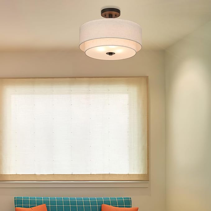 XiNBEi Lighting Drum Semi Flush Light, 3 Light Semi Flush Mount Ceiling Light Fixture with Fabric Shade Modern Close to Ceiling Light for Bedroom & Living Room Dark Bronze Finish XB-SF1289-DB
