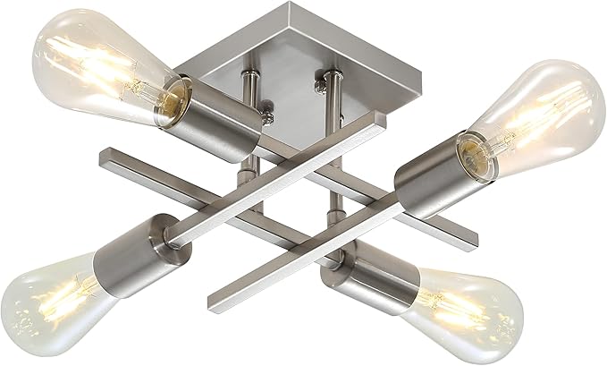 Industrial 4-Light Semi Flush Mount Ceiling Light Fixture, Modern Brushed Nickel Chandelier Lighting Sputnik Ceiling Lamp with E26 Bulb Base for Kitchen Bedroom Living Room Hallway Entryway