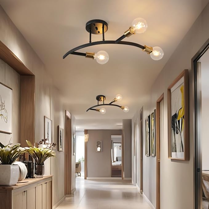 3-Lights Modern Sputnik Semi Flush Mount Ceiling Light Fixture Black and Gold,Mid Centur Minimalist sputnik Chandelier for Hallway,Dining Room,Bedroom,Kitchen,Living Room(Bulbs Not Included)