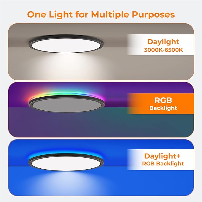Annaror RGB Flush Mount LED Ceiling Light with Remote, 12 Inch Ceiling Light Fixture with Color Changing Backlight, 3000K-6500K Dimmable, 24W for Bedroom Kids Room Black