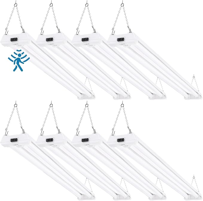 Sunco Motion Sensor 4ft LED Shop Light, Garage Lights Ceiling LED Plug-in Fixtures, 40W, 5000K Daylight, 4300 Lumens, Frosted, Motion Activated, Linkable Suspension Mount, ETL 8 Pack.