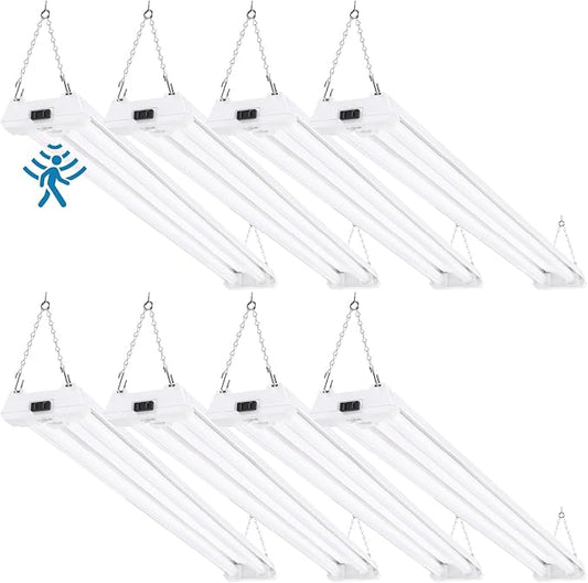 Sunco Motion Sensor 4ft LED Shop Light, Garage Lights Ceiling LED Plug-in Fixtures, 40W, 5000K Daylight, 4300 Lumens, Frosted, Motion Activated, Linkable Suspension Mount, ETL 8 Pack.