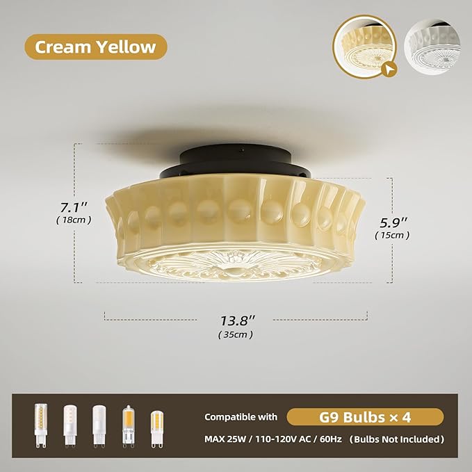 Schoolhouse Vintage Glass Ceiling Light - 14 Inch Cream Yellow Mid Century Modern Flush Mount Lighting Fixtures - Antique Art Deco Lamp for Bedroom Kitchen Entryway Laundry Hallway Foyer Bathroom Hall