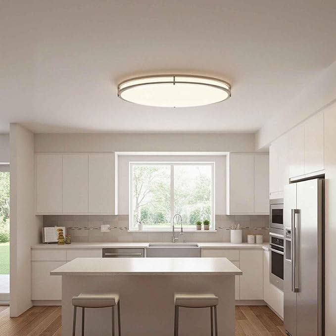 24 Inch Oval Brushed Nickel Ceiling Light-Flush Mount LED Ceiling Light 3000K/4000K/5000K Adjustable Brushed Nickel LED Bathroom Bedroom Lights 24” Kitchen Lamp, 32W, 2100LM, Steel and Polystyrene