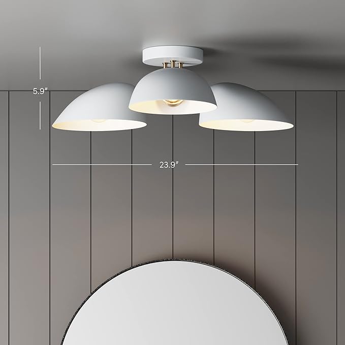 Nathan James Argo Semi Mount Flush Ceiling Light, 3-Lights Modern Retro Lighting with White Rounded Shades for Hallway, Dining Room and Bedroom, Vintaged Brass/White