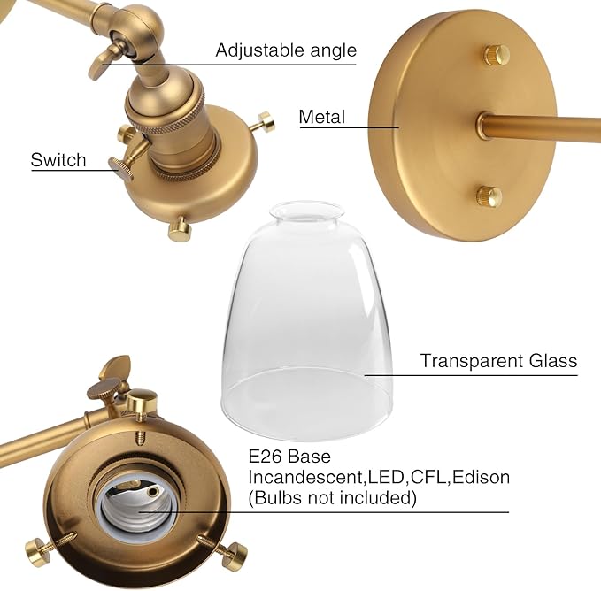 Pathson Vintage Wall Sconce Lighting with On Off Switch, Clear Glass Shade Brass Vanity Light, Industrial Wall Fixtures for Living Room Bathroom Bedroom Garage Porch
