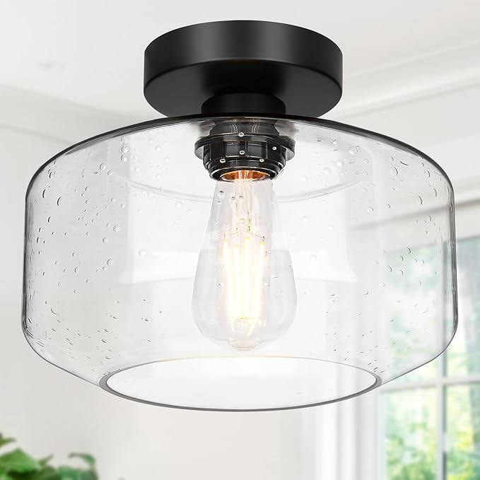Lynnoland Industrial Semi Flush Mount Ceiling Light (X-Large), Seeded Glass Shade Ceiling Light Fixture, Black Light Fixture for Hallway Bathroom Bedroom, Vintage Hanging Light Fixtures