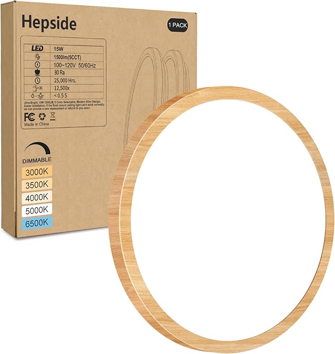 hepside 1Pack LED Flush Mount Ceiling Light Fixture, 7Inch 15W, Dimmable&3000K/3500K/4000K/5000K/6500K Adjustable Low Profile Ceiling Lights, Round Flat Ceiling Light for Closet,Kitchen,Hallway-Wood