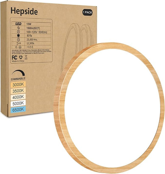 hepside 1Pack LED Flush Mount Ceiling Light Fixture, 7Inch 15W, Dimmable&3000K/3500K/4000K/5000K/6500K Adjustable Low Profile Ceiling Lights, Round Flat Ceiling Light for Closet,Kitchen,Hallway-Wood