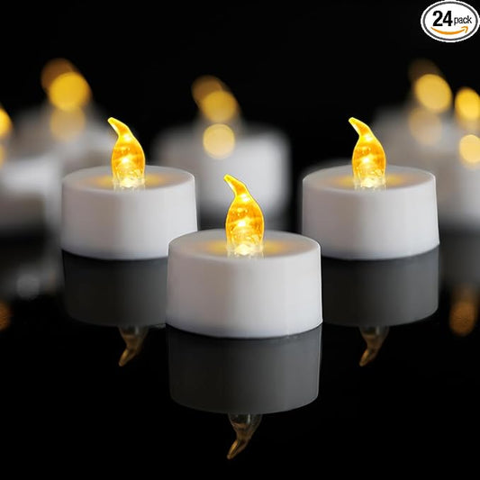 LANKER 24 Pack LED Tea Lights Candles, Flickering Warm Yellow Flameless Tealights, Long Lasting Battery Operated Fake Candles, Decoration for Halloween and Christmas (Yellow-24pcs)