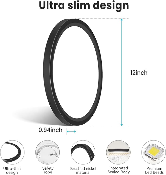 libtit 12 inch Flush Mount LED Ceiling Light Fixture, 3000K 4000K 6500K Adjustable, 28W 3200lm Black Round Lighting Fixtures for Bathroom Shower Hallway Kitchen