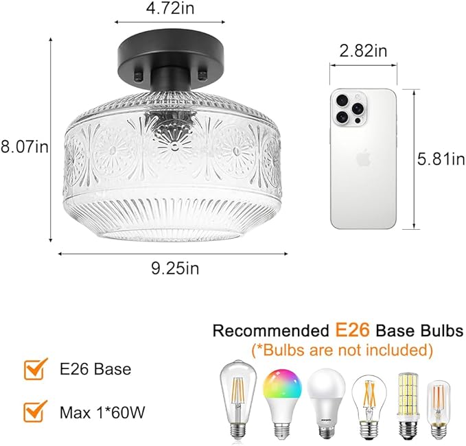 DSMJFU Semi Flush Mount Ceiling Light, Vintage Small Ceiling Light Fixture, Thickened Glass Hallway Lighting Fixture, Black Kitchen Ceiling Mount Light for Entry Way, Bedroom, Bathroom, Porch
