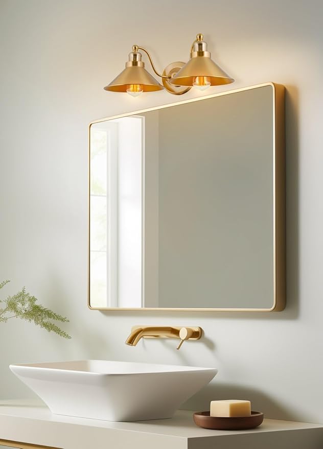 Kira Home Welton 19" 2-Light Modern Farmhouse Gold Vanity Light with Dual Funnel Shades, Industrial Gold Wall Sconce Bathroom Light, Cool Brass Finish