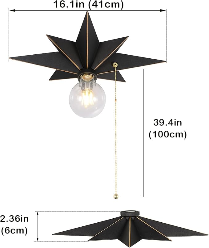 16 inch Flush Mount Ceiling Light with Pull Chain On/Off Switch, Industrial Black Star Ceiling Light Fixtures, Farmhouse Lighting for Hallway, Entryway, Porch, Study, Bedroom, Stair, Kitchen, Bathroom