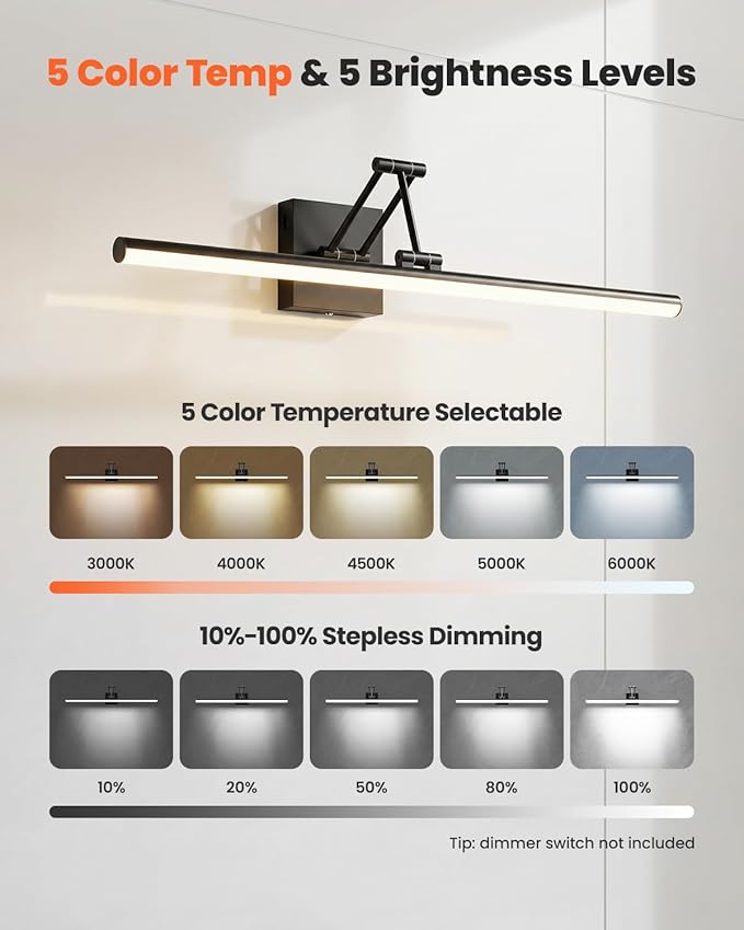 Black Bathroom Vanity Light Fixtures, Morden Vanity Lights with LED Lighting Bar, 5CCT&Dimmable Wall Sconce Lamp,16IN Rotatable Bathroom Light Fixture Over Small Mirror For Restroom Bedroom-ETL