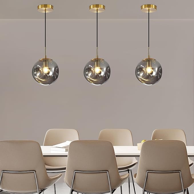 Modern Smoke Gray Concave Glass Pendant Light, 3-Pack Kitchen Island Lighting Single Globe Pendant Light Fixtures Century Kitchen Island Pendant Light for Bedroom Dining Room Light (Without Bulbs)
