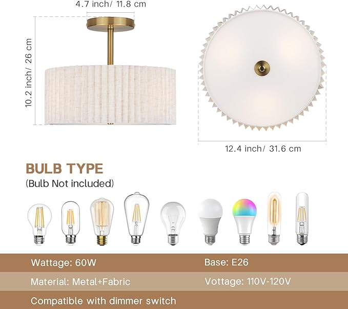 Mid Century Modern Semi Flush Mount Ceiling Light with Pleated Fabric Shade, 12.5 in Drum Gold Light Fixture with Lights, Beige White Linen Lamp for Bedroom, Living Room, Dining Room, Hallway