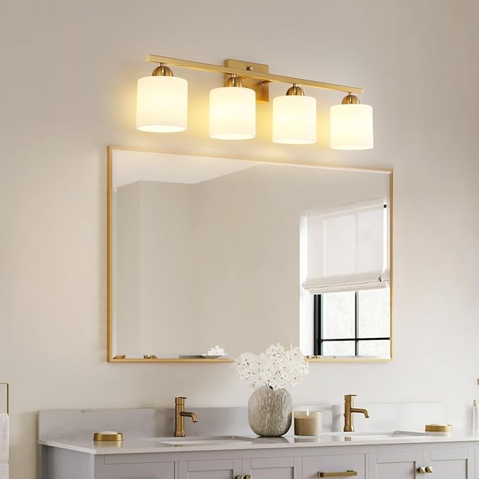 Mecgirn Stainless Steel Milk Glass Vanity Lights for Bathroom, 4 Light Gold Bathroom Light Fixtures Over Mirror, Ceramic E26 Sockets Wall Mounted